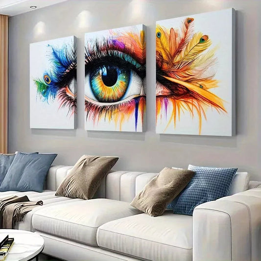 3pcs  Modern Abstract Vibrant Peacock Feather Eye Wall Art Set Canvas Framed 40x60cm - High Quality Print 100% Australian Made Wall Canvas Ready to Hang