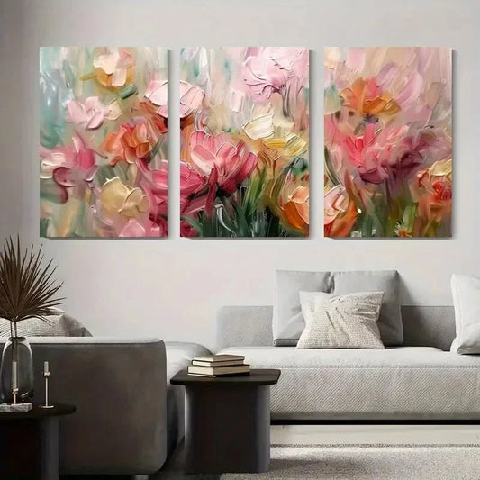 3pcs Soft Pink and Yellow Flower Bouquet Metal Print Ready to Hang Art