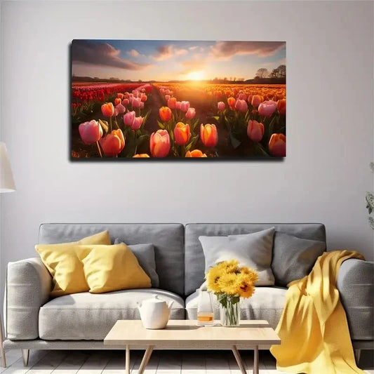 Vibrant Sunset Tulip Field Wall Art Canvas Office Home Room Framed 120x60cm