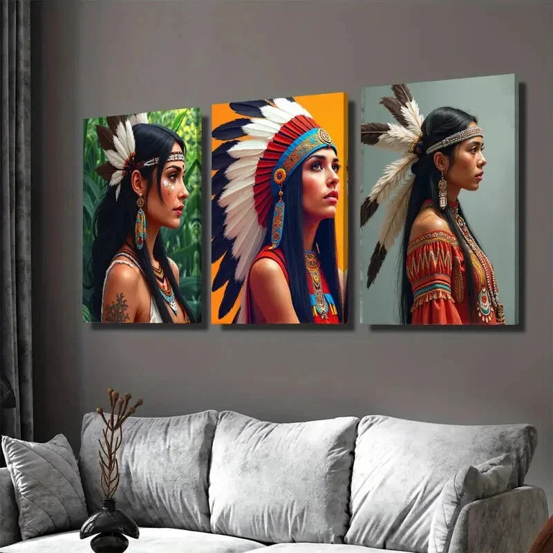 3pcs Native American Themes Girl Wall Art Set Canvas Framed 40x60cm - High Quality Print 100% Australian Made Wall Canvas Ready to Hang