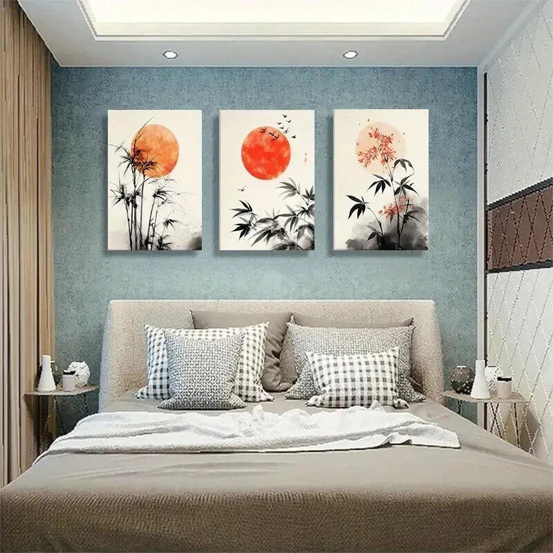 3pcs Bamboo and Red Sun Minimalist Perfect Wall Art Set Canvas Framed 40x60cm - High Quality Print 100% Australian Made Wall Canvas Ready to Hang
