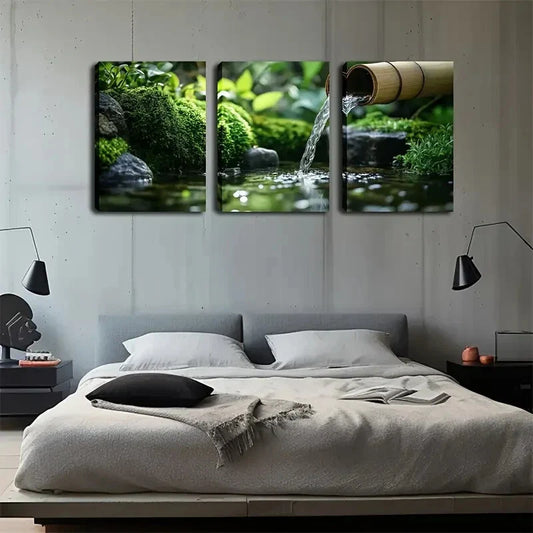 3pcs Black Pebbles Built Pond Natural Style  Wall Art Set Canvas Framed 40x60cm - High Quality Print 100% Australian Made Wall Canvas Ready to Hang