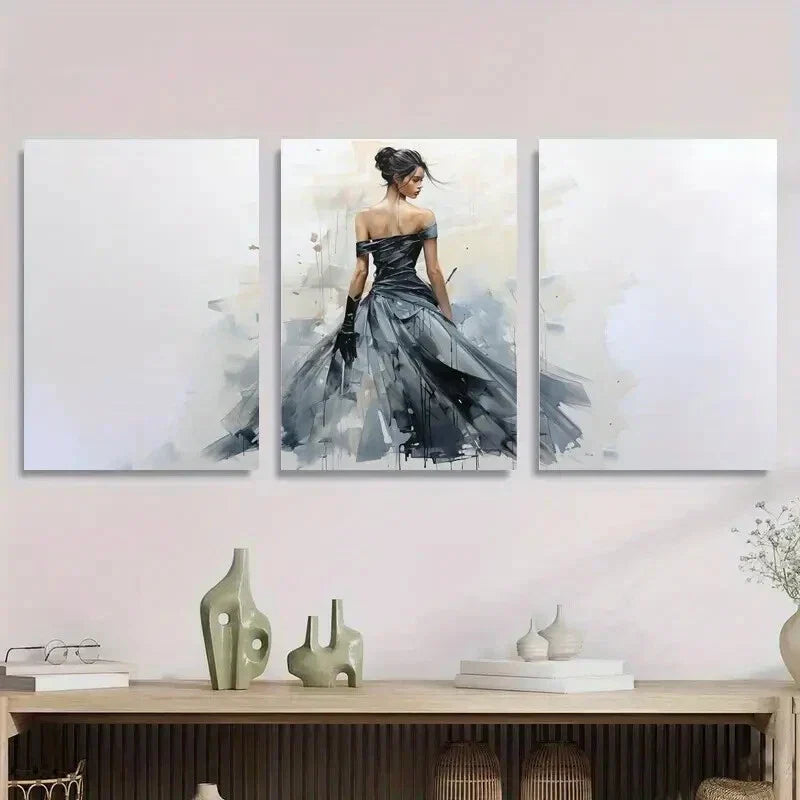 3pcs Abstract Woman in Black Dress Elegant Metal Print Ready to Hang Art