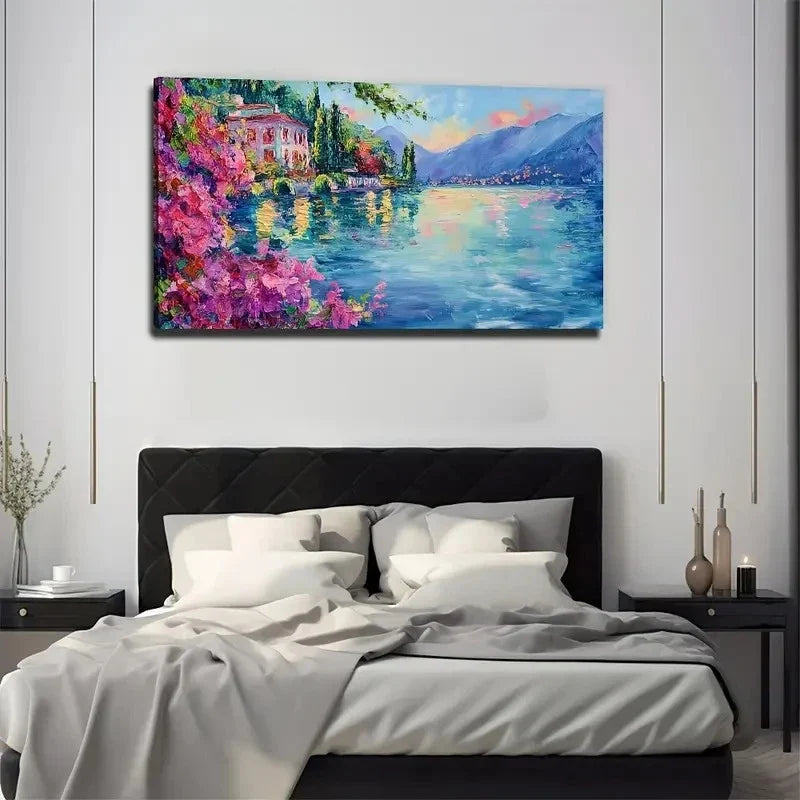 Vibrant Red Flower & Lake Scene Wall Art Canvas Office Home Room Framed 80x45cm