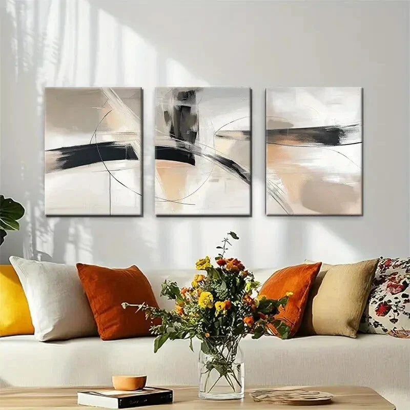 3pcs Black & Beige Brushstroke Design Perfect Wall Art Set Canvas Framed 40x60cm - High Quality Print 100% Australian Made Wall Canvas Ready to Hang