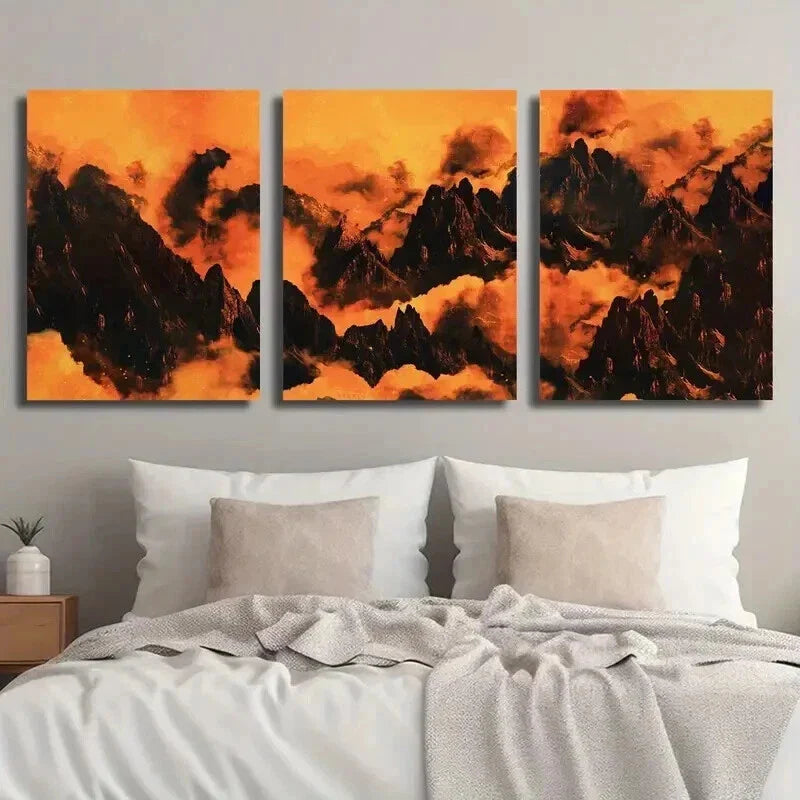3pcs Volcano Erupting in Mountains Wall Art Set Canvas Framed 40x60cm - High Quality Print 100% Australian Made Wall Canvas Ready to Hang