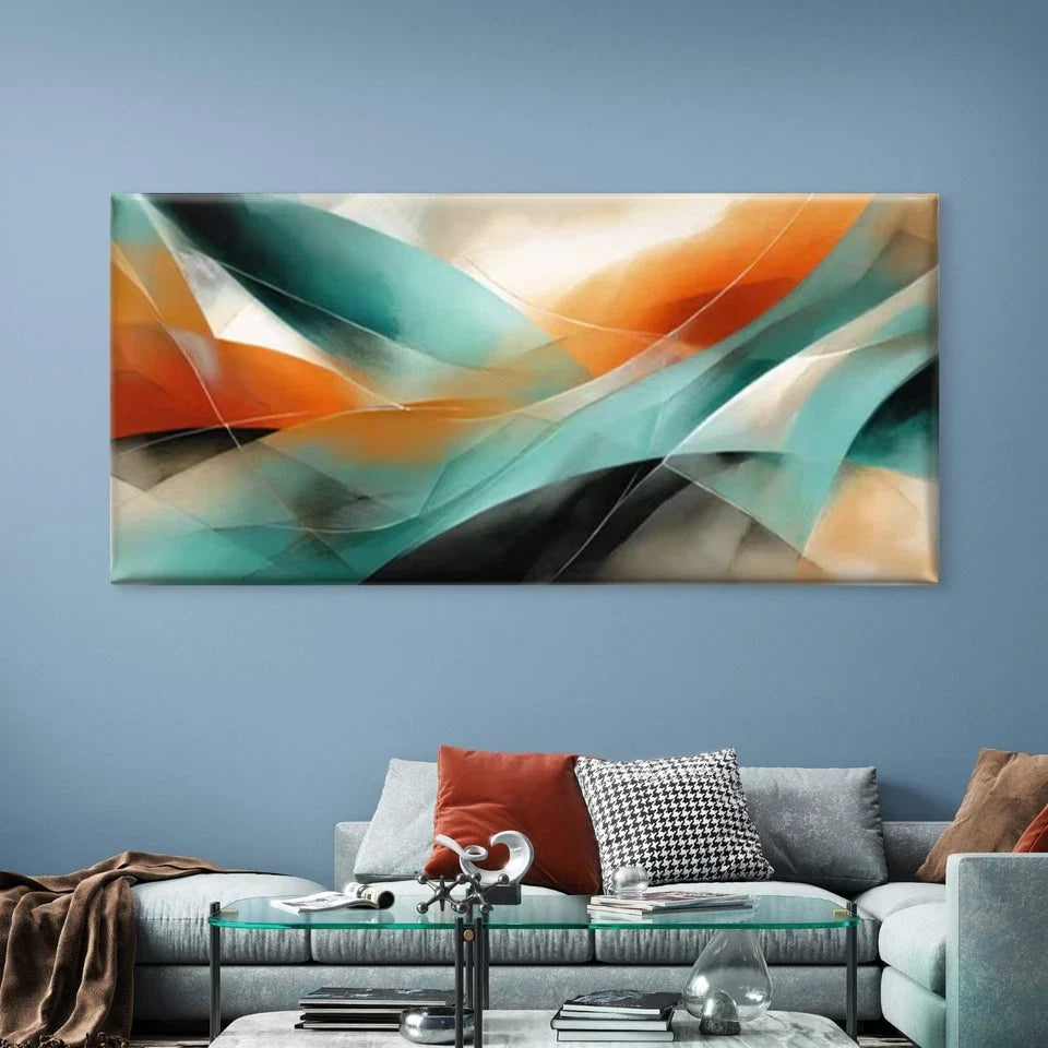 Abstract Turquoise & Orange Flow Wall Art Canvas Office Home Room Framed 80x45cm