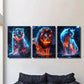 3pcs Burning Tiger Lion and Wolf Illustration Wall Art Set Canvas Framed 40x60cm - High Quality Print 100% Australian Made Wall Canvas Ready to Hang