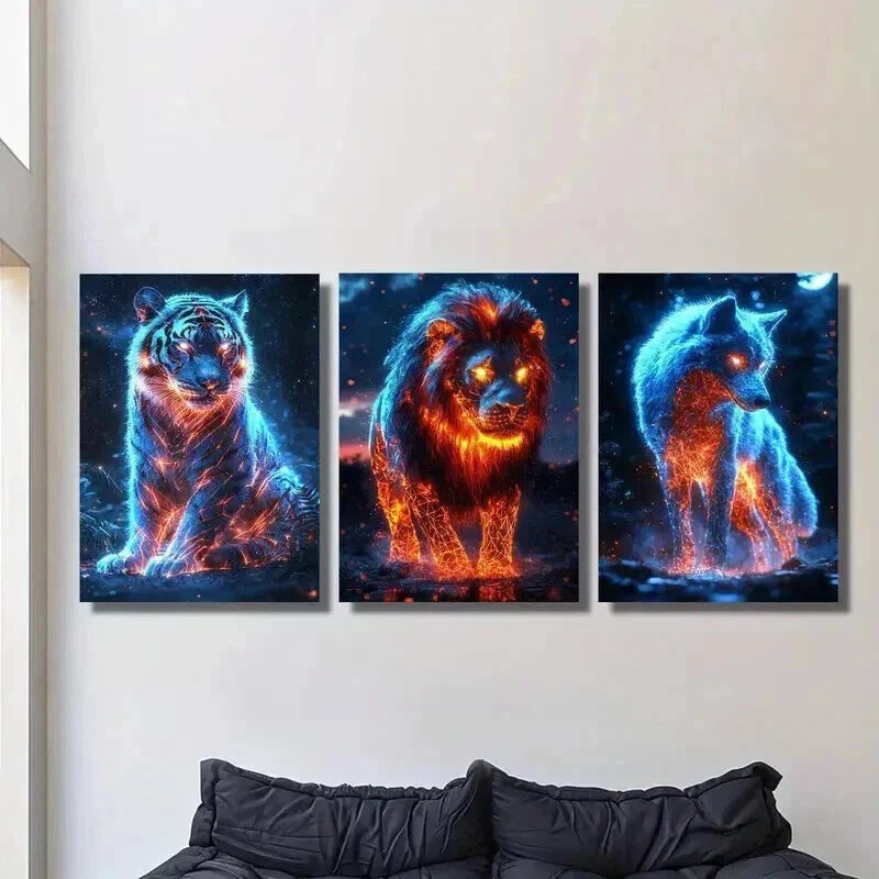 3pcs Burning Tiger Lion and Wolf Illustration Wall Art Set Canvas Framed 40x60cm - High Quality Print 100% Australian Made Wall Canvas Ready to Hang