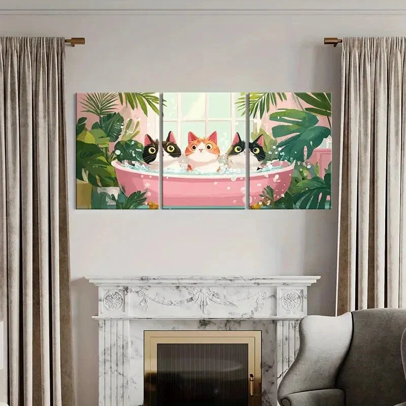 3pcs Whimsical Cats in Bathtub Tropical Plants Metal Print Ready to Hang Art