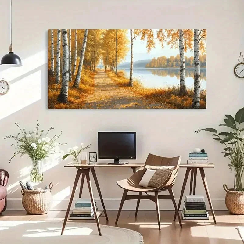 Autumn Lake & Birch Trees wall canvas office home room framed 120x60cm