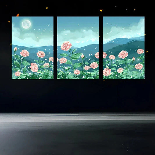 3pcs Beautiful Pink Rose Moon Metal Print Ready to Hang Art