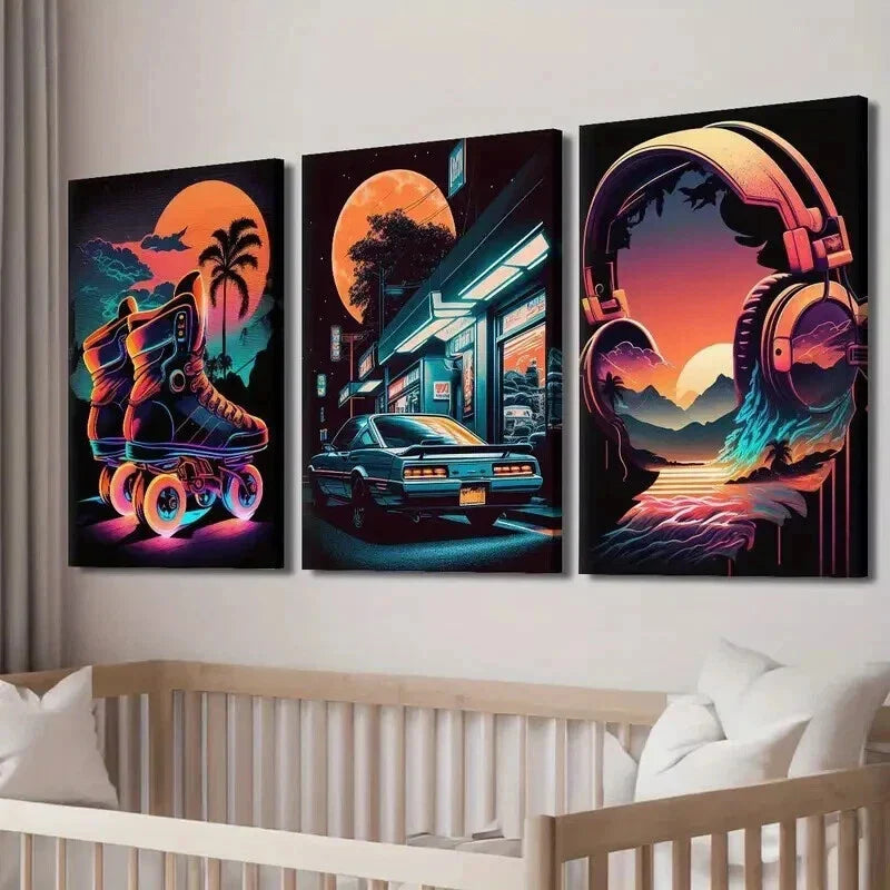 3pcs 80s Retro Synthwave & Cyberpunk Car Wall Art Set Canvas Framed 40x60cm - High Quality Print 100% Australian Made Wall Canvas Ready to Hang