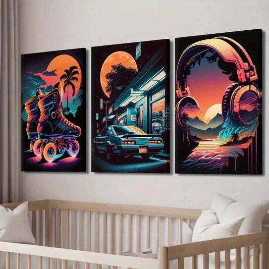 3pcs 80s Retro Synthwave & Cyberpunk Car Wall Art Set Canvas Framed 40x60cm - High Quality Print 100% Australian Made Wall Canvas Ready to Hang