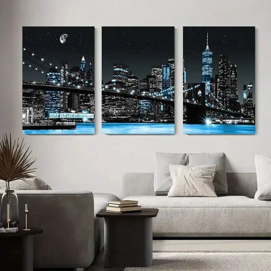 3pcs Black White New York City Night with Star Metal Print Ready to Hang Art