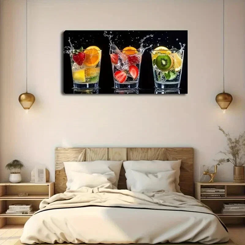 Splashing Water Fruits Cups Wall Art Canvas Office Home Room Framed 120x60cm
