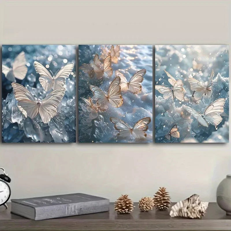 3pcs  Glittering Butterflies Over Water Wall Art Set Canvas Framed 40x60cm - High Quality Print 100% Australian Made Wall Canvas Ready to Hang