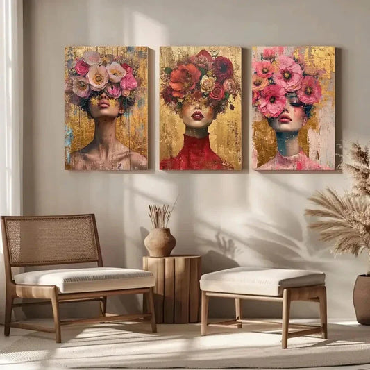 3pcs Elegant Abstract Floral Portraits Metal Print Ready to Hang Art