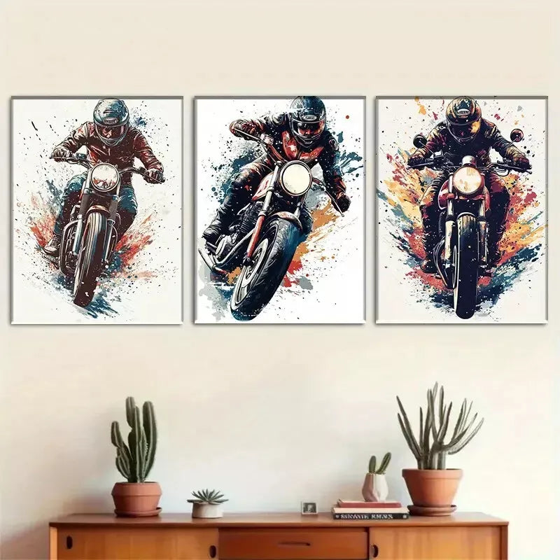 3pcs  Vibrant An Energetic Motorcycle Rider  Wall Art Set Canvas Framed 40x60cm - High Quality Print 100% Australian Made Wall Canvas Ready to Hang