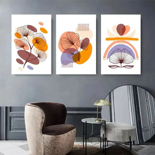 3pcs Abstract Orange and Yellow Leaf Metal Print Ready to Hang Art