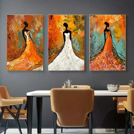 3pcs Retro African Women White Dresses and Orange Metal Print Ready to Hang Art