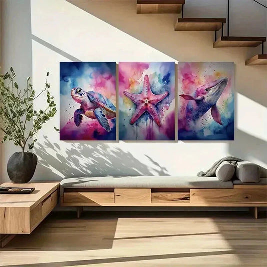 3pcs Whale Turtle & Starfish Marine Life Wall Art Set Canvas Framed 40x60cm - High Quality Print 100% Australian Made Wall Canvas Ready to Hang