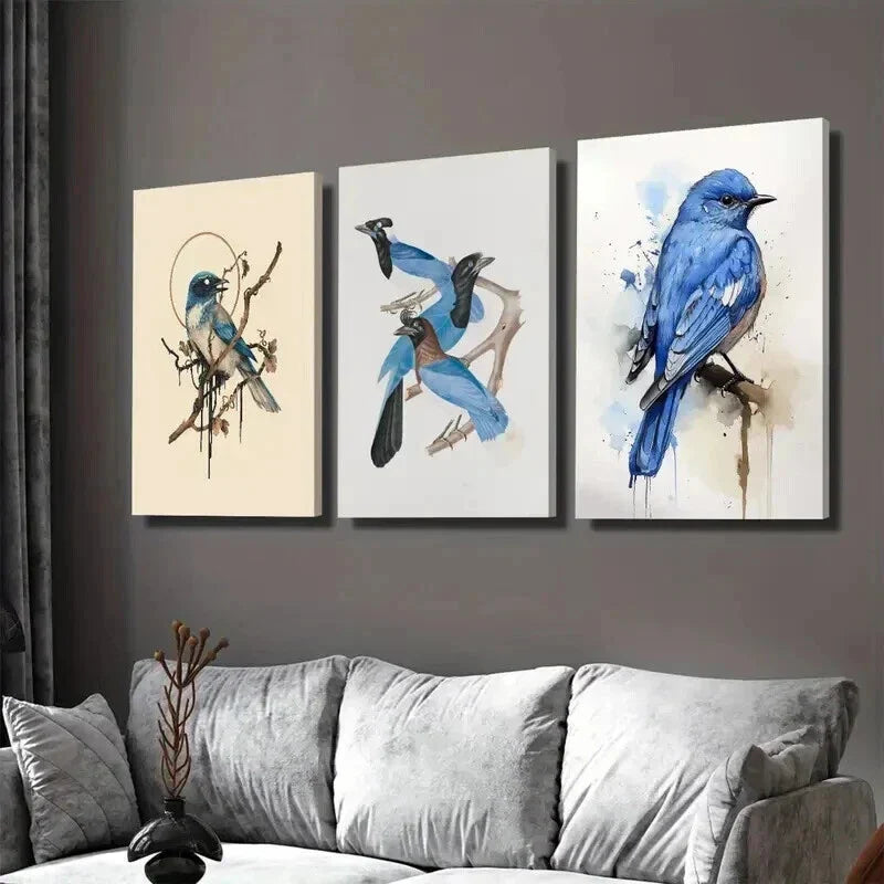 3pcs Blue Bird Watercolor Nature Bird Wall Art Set Canvas Framed 40x60cm - High Quality Print 100% Australian Made Wall Canvas Ready to Hang