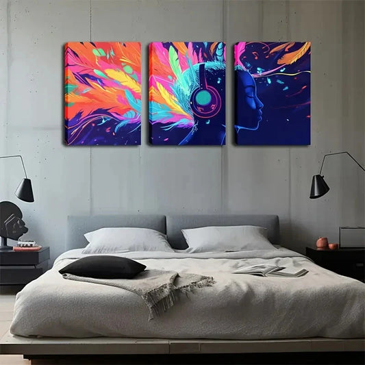 3pcs Vibrant Music Headphones Dreamlike Abstract  Wall Art Set Canvas Framed 40x60cm - High Quality Print 100% Australian Made Wall Canvas Ready to Hang