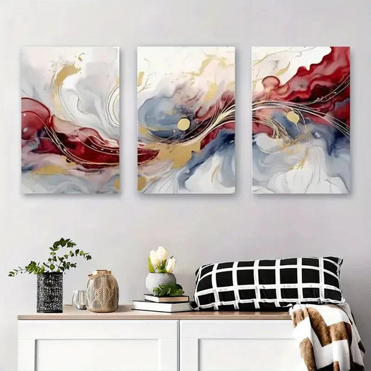 3pcs Abstract Red, Blue, and Golden Fluid Metal Print Ready to Hang Art