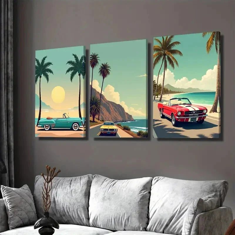 3pcs Vintage Beach Scene Tropical Sunset Cars Wall Art Set Canvas Framed 40x60cm - High Quality Print 100% Australian Made Wall Canvas Ready to Hang