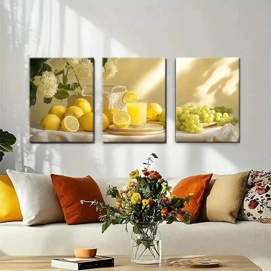 3pcs Fresh Lemon and Grape Bright Perfect Wall Art Set Canvas Framed 40x60cm - High Quality Print 100% Australian Made Wall Canvas Ready to Hang