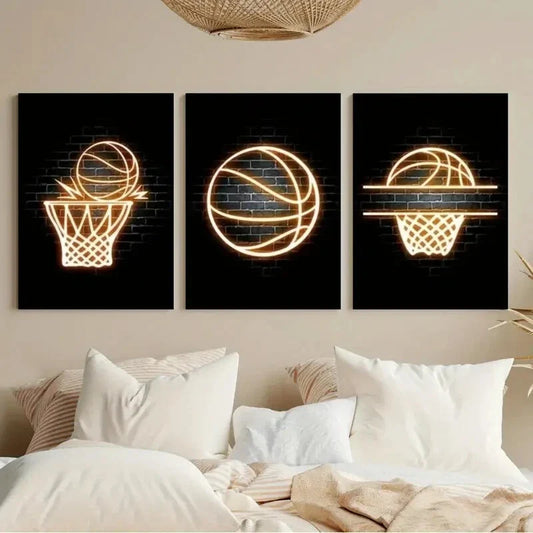 3pcs Neon basketball Nordic style sports Metal Print Ready to Hang Art
