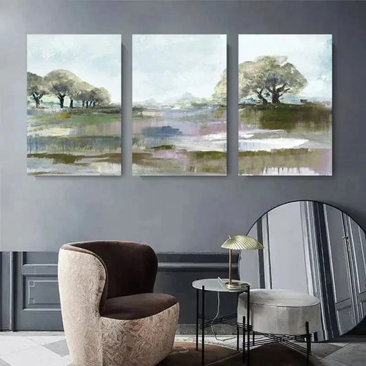 3pcs Soft Pastel Brushstrokes with Trees & Water Metal Print Ready to Hang Art