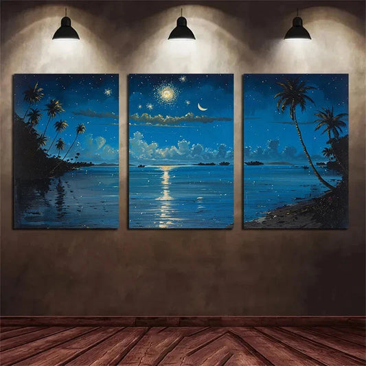 3pcs Fireworks and Coconut Tree Night Sky Metal Print Ready to Hang Art