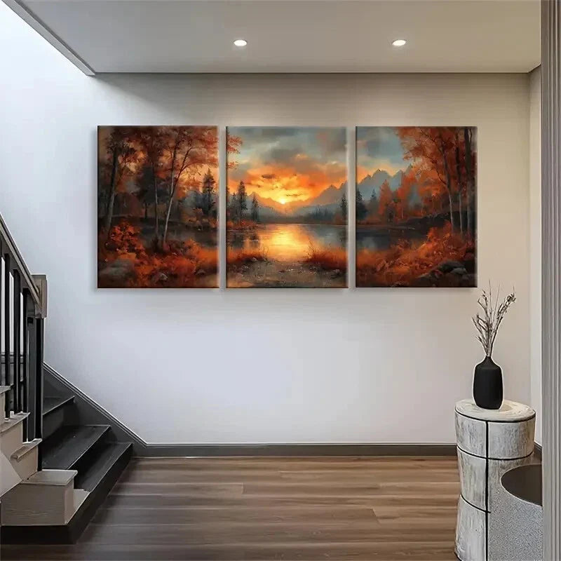 3pcs Sunset Lake Autumn Forest Orange Perfect Wall Art Set Canvas Framed 40x60cm - High Quality Print 100% Australian Made Wall Canvas Ready to Hang