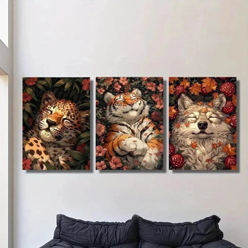 3pcs Leopard Tiger Wolf Sleeping on Flowers Wall Art Set Canvas Framed 40x60cm - High Quality Print 100% Australian Made Wall Canvas Ready to Hang