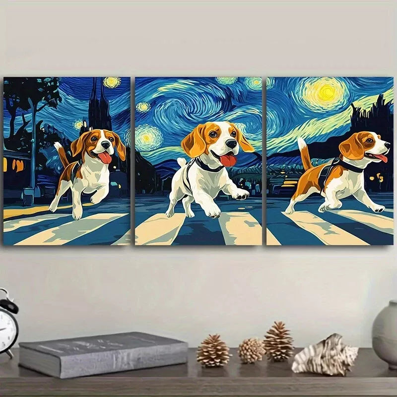 3pcs Beagle Dogs Crossing The Street Wall Art Set Canvas Framed 40x60cm - High Quality Print 100% Australian Made Wall Canvas Ready to Hang