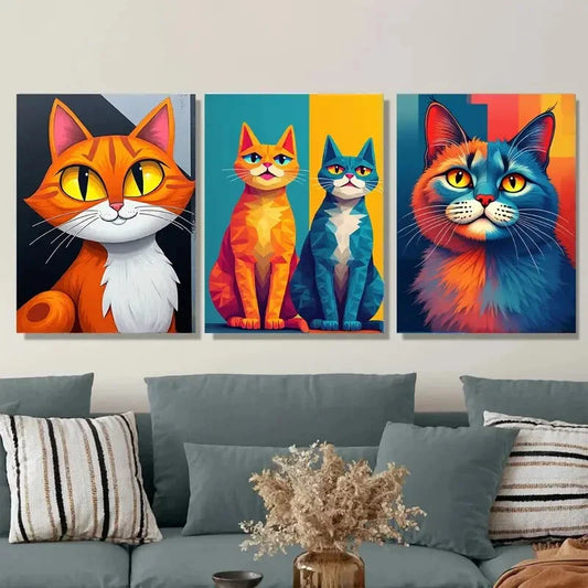 3pcs Colorful Cat Vibrant Animal Paintings Wall Art Set Canvas Framed 40x60cm - High Quality Print 100% Australian Made Wall Canvas Ready to Hang