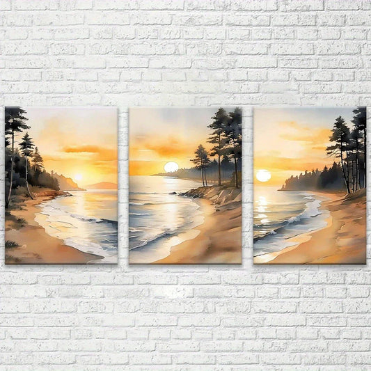 3pcs Beautiful Beach with Pine Trees on The Shore Metal Print Ready to Hang Art