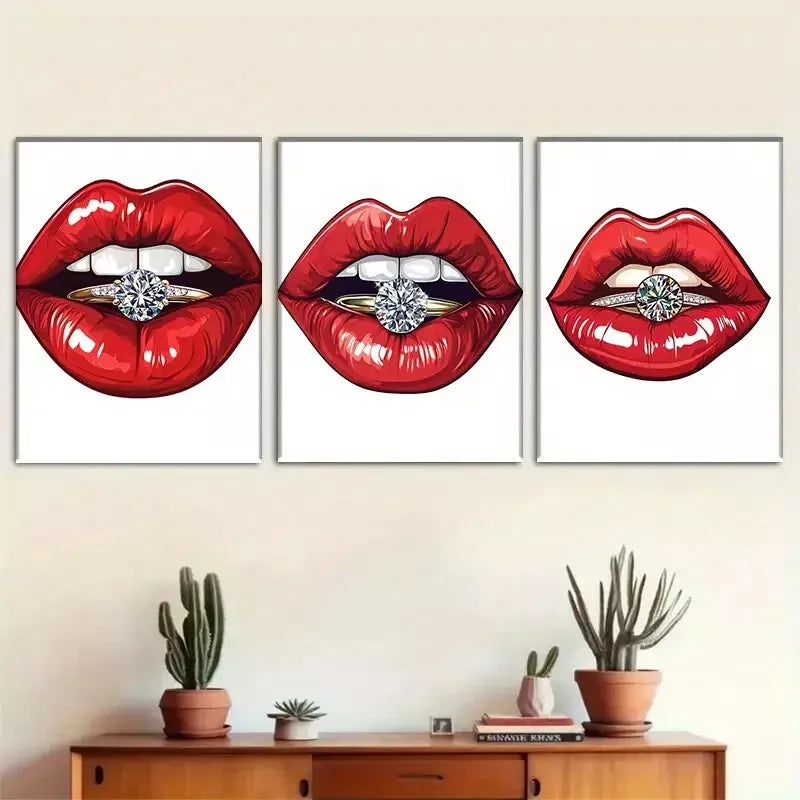 3pcs  Glamorous Red Lips with Diamond Ring Wall Art Set Canvas Framed 40x60cm - High Quality Print 100% Australian Made Wall Canvas Ready to Hang