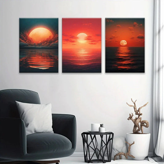3pcs Sunset Light Falls on The Sea Metal Print Ready to Hang Art