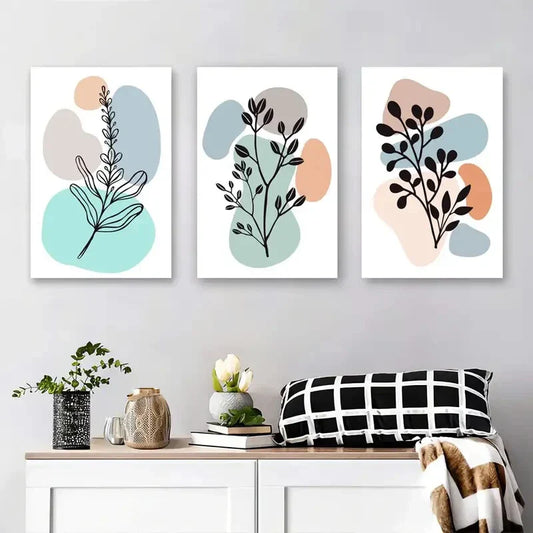 3pcs Soft Green, Beige, and Blue with Black Line Metal Print Ready to Hang Art