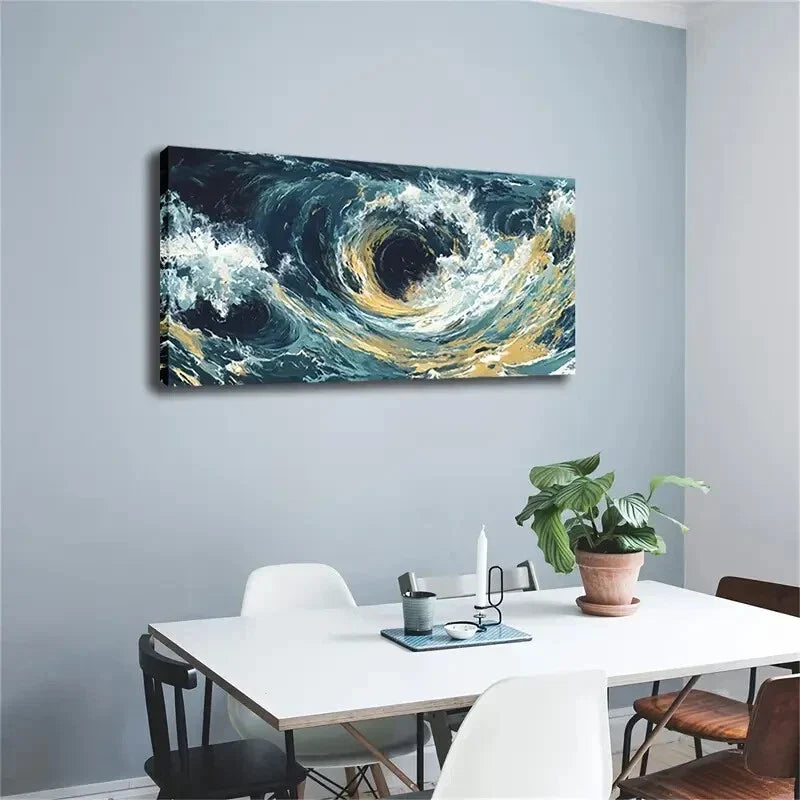 Dramatic Ocean Wave Golden Wall Art Canvas Office Home Room Framed 120x60cm