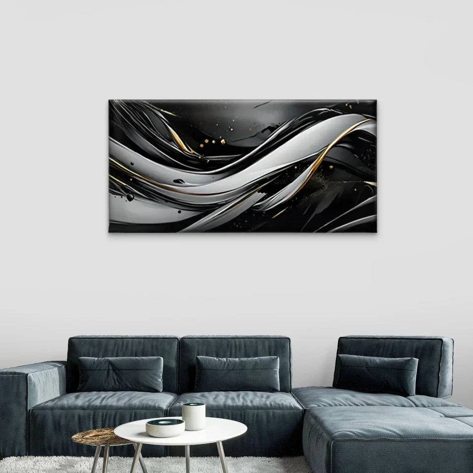 Black Golden Abstract Swirling Wall Art Canvas Office Home Room Framed 80x45cm