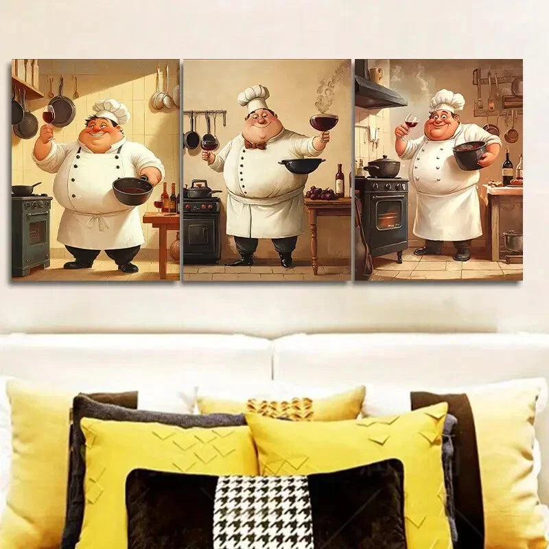 3pcs Set Art Deco Chef Modern Style, Metal Print Ready to Hang Art