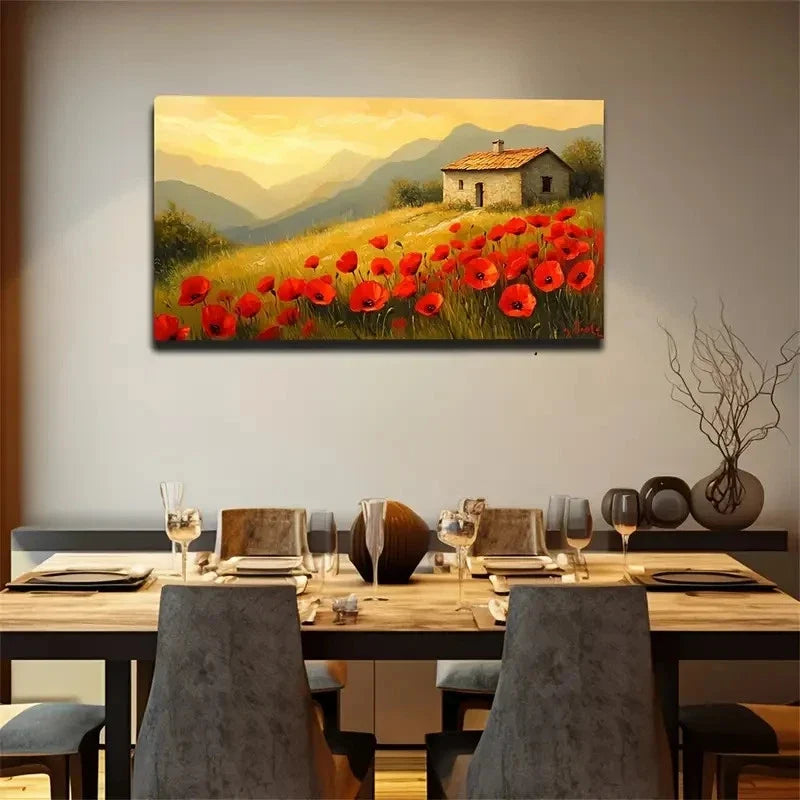 Mountain Cabin With Red Flowers Wall Art Canvas Office Home Room Framed 120x60cm