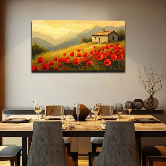 Mountain Cabin With Red Flowers Wall Art Canvas Office Home Room Framed 120x60cm