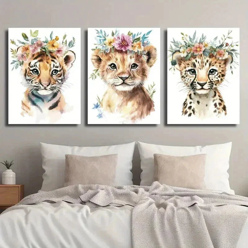 3pcs Tiger Cub & Lion with Floral Crowns Wall Art Set Canvas Framed 40x60cm - High Quality Print 100% Australian Made Wall Canvas Ready to Hang