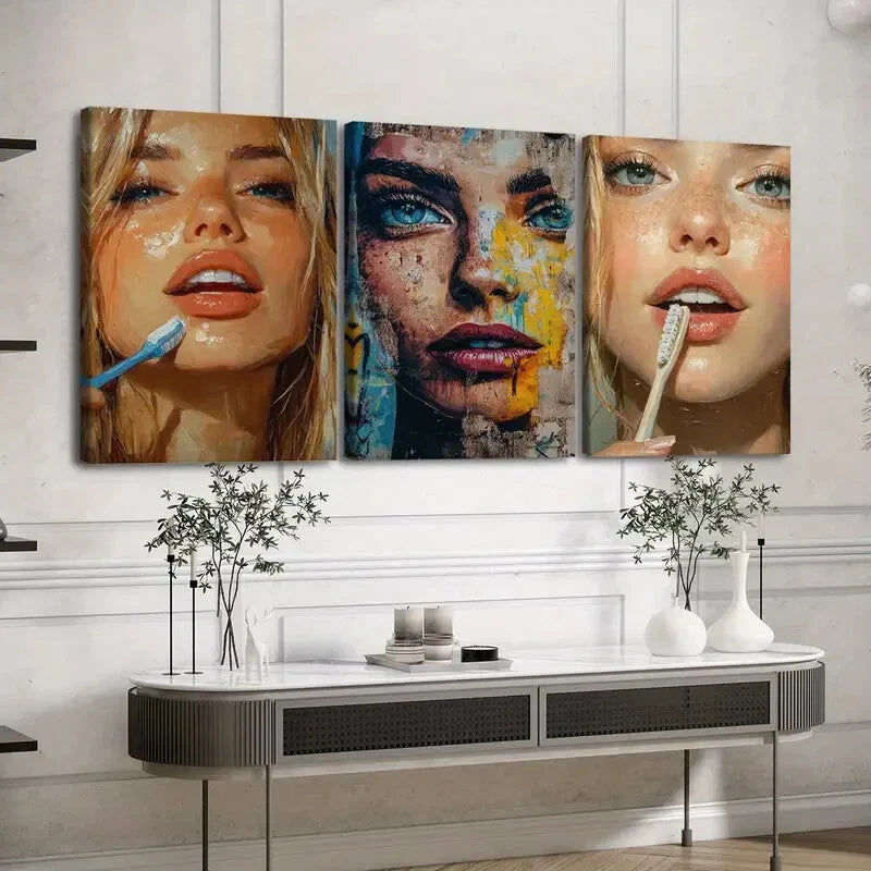 3pcs Abstract Face Makeup Vibrant Blue & Golden Wall Art Set Canvas Framed 40x60cm - High Quality Print 100% Australian Made Wall Canvas Ready to Hang