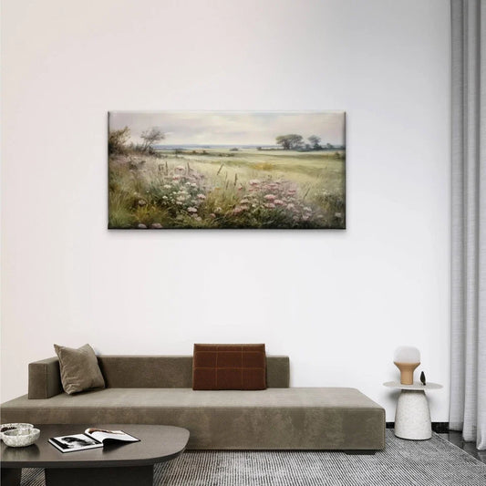 Flowers Field Nature Retro Wall Art Canvas Office Home Room Framed 80x45cm